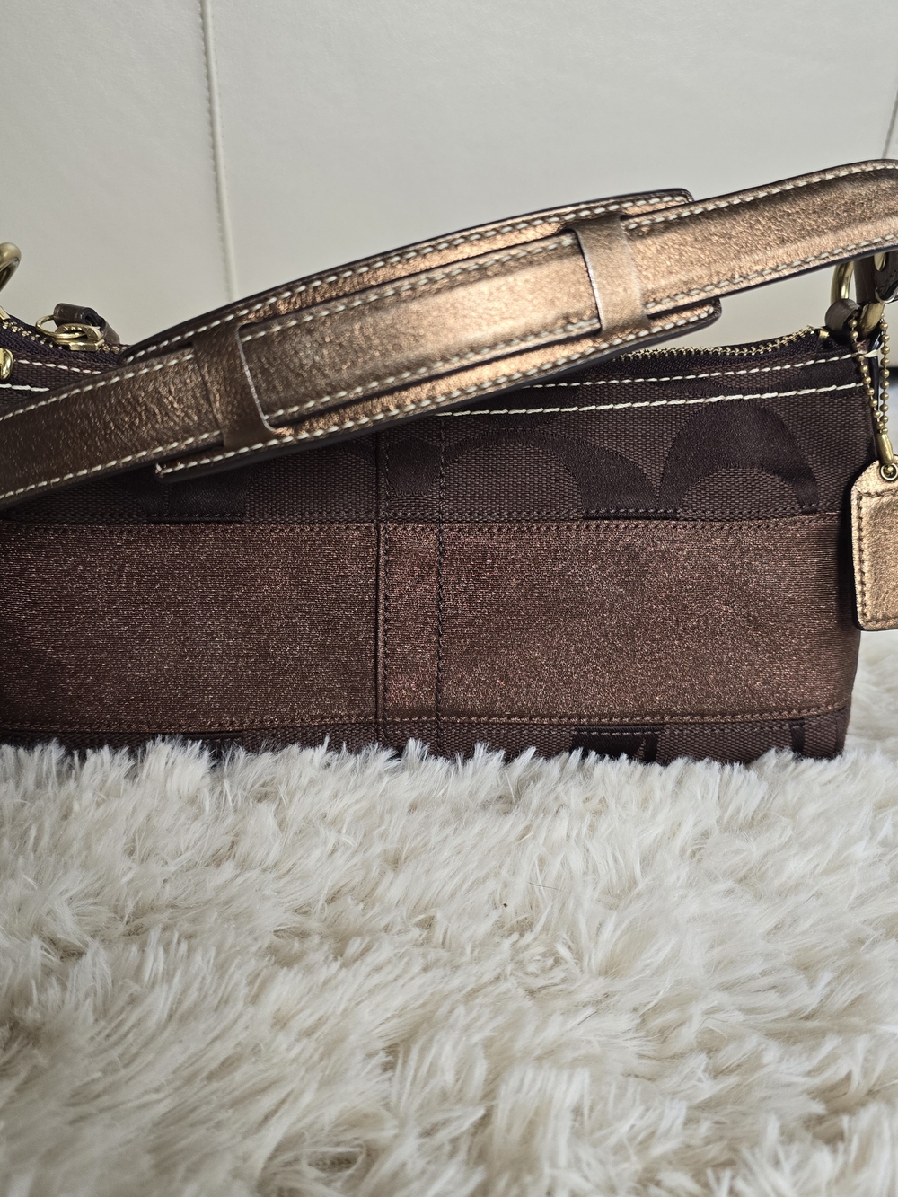 YK2 2007 Coach Fabric Metallic Bronze Shoulder Bag with Leather Strap W Dust Bag